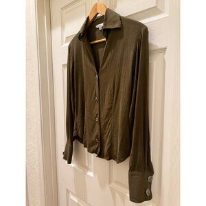 Vintage Western Olive Green Button-Up Shirt W/ Engraved Metal Buttons & Turquois